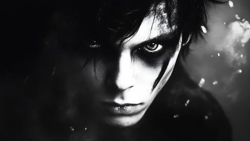 Midnight gaze carves lightning scars across a pale mask