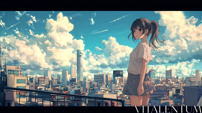 Rooftop anime girl overlooking dense sunlit urban skyline