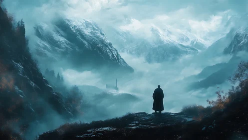 Lone cloaked figure overlooking fogbound alpine valley.