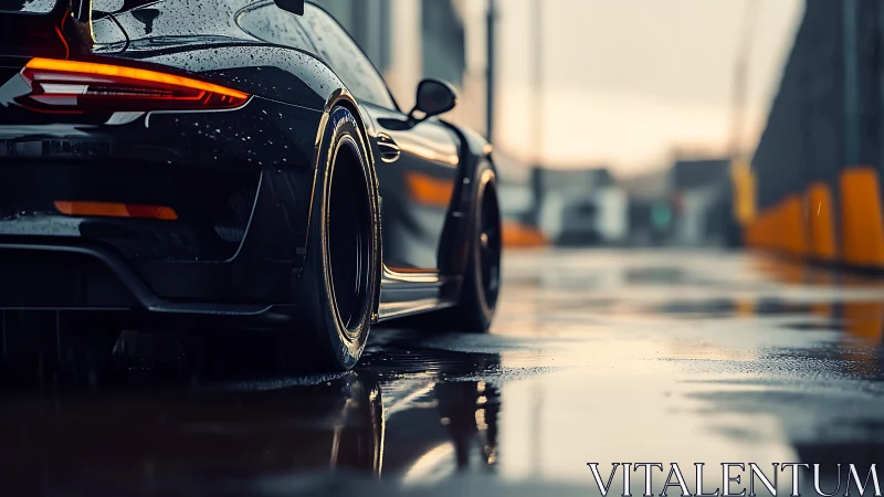 Rear view shows wet race car on reflective track surface