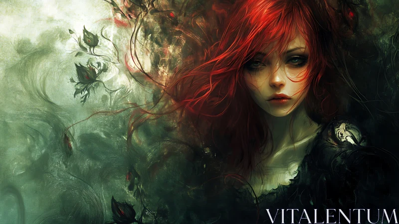 Melancholic red haired girl amid swirling dark foliage.