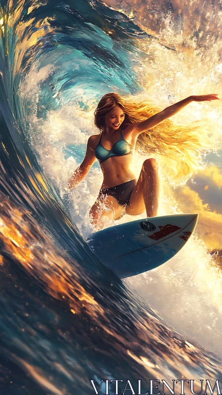 Dynamic surfer carving a luminous sunset barrel wave