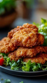 Crispy Fried Cutlets Stacked on Greens with Selective Focus