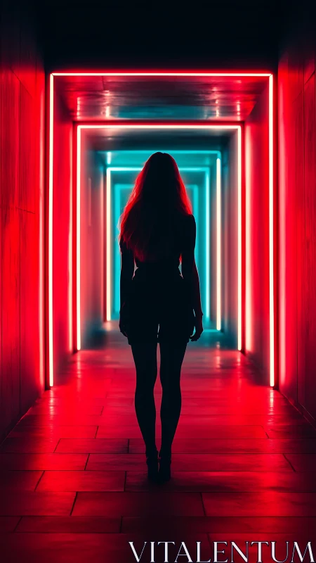 Neon hallway journey with a lone silhouette in glowing light.