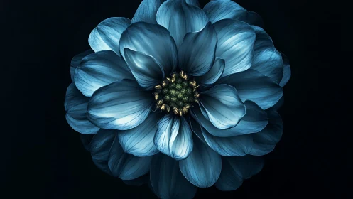 Blue dahlia bloom with concentric petal arrangement against dark background