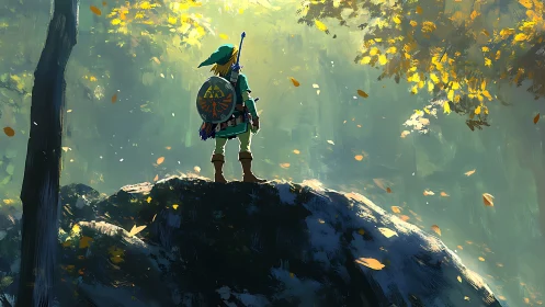 Heroic figure surveys sunlit forest plateau in autumn light.