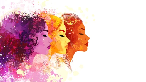 Three Vibrant Female Profiles in Watercolor Splash Art Style.