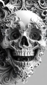 Intricate monochrome skull sculpture merges baroque and fractal forms