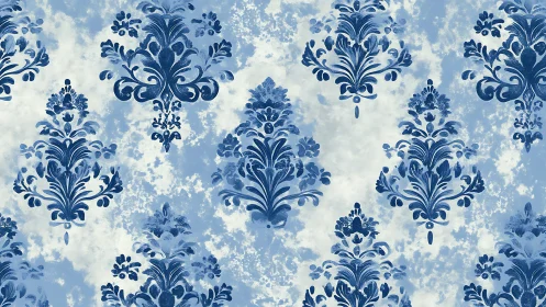 Ornate blue damask pattern on textured watercolor ground.