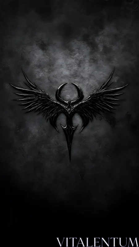 Dark metallic winged emblem on textured black background.