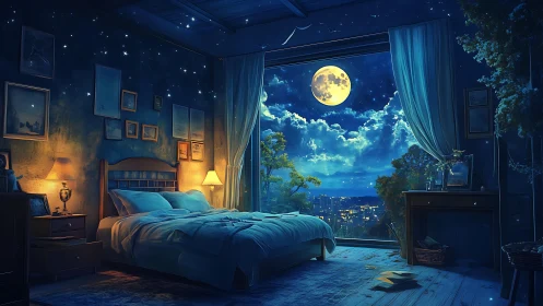 Moonlit bedroom interior with city view at night time.