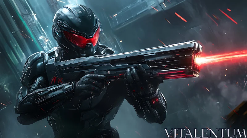 Armored sci fi soldier discharges energy rifle in urban setting