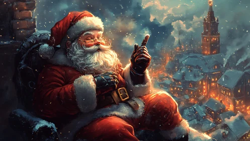 Cozy rooftop Santa over a glowing winter village night.