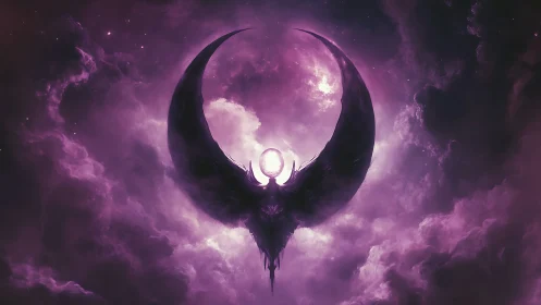 Celestial winged guardian rises in radiant violet moonlight