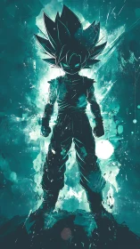 Silhouetted spiky haired warrior in teal energy field.