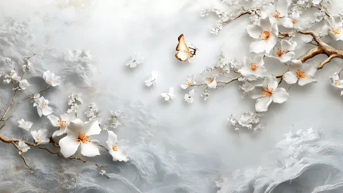 Spring blossom branches cradle a drifting golden butterfly.