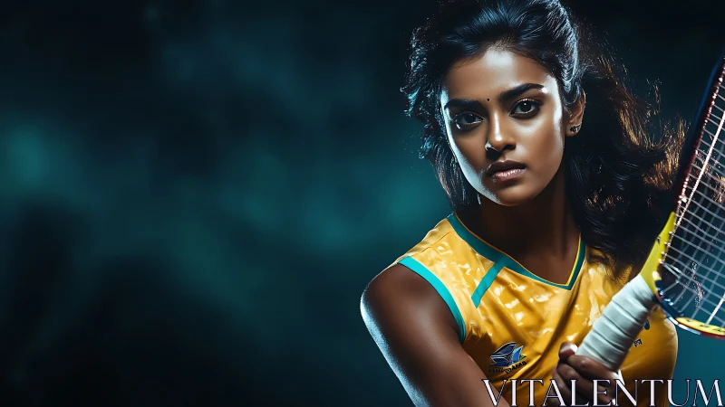 Female tennis player in yellow jersey against dark background.