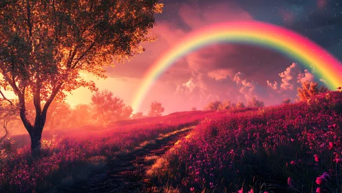 Dreamlit meadow under a flaming sunset rainbow bridge.