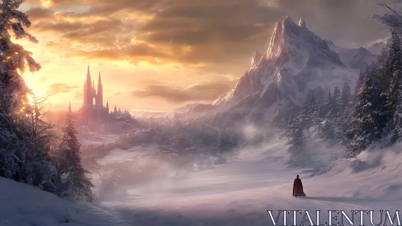 Snow-cloaked wanderer follows sunrise toward crystal spires