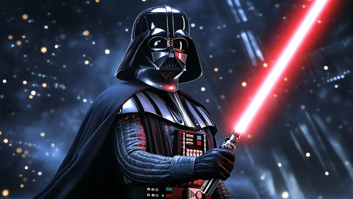 Armored sci fi figure with red energy sword in space scene.