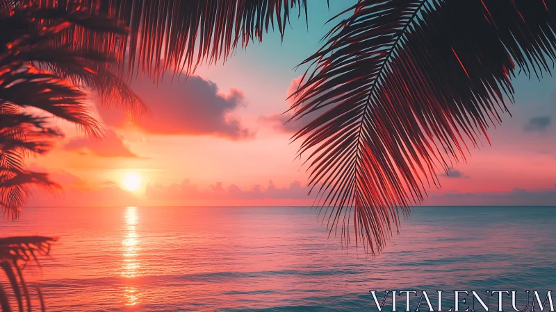 Sunset illuminates calm tropical sea framed by palm leaves