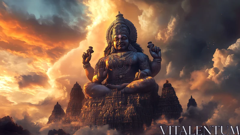 Colossal celestial deity statue crowns stormlit temple skyline.