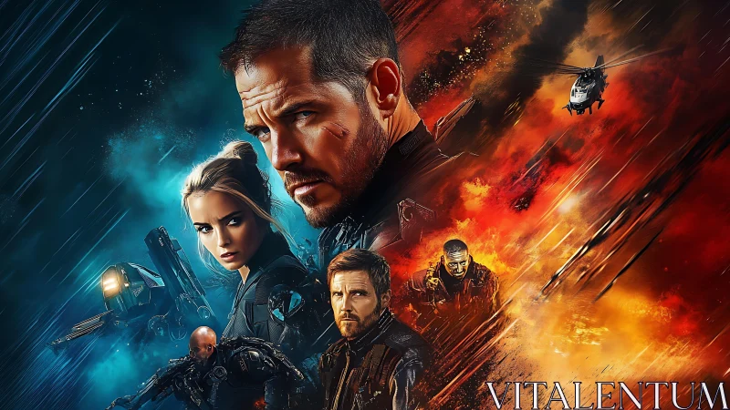 Split-realm sci fi warriors amid rainstorm and inferno clash.