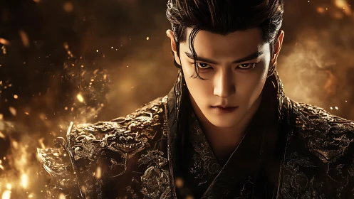 Firelit prince in ornate armor meets your steady gaze.