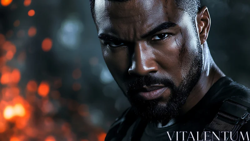 Steely gaze in the embers of an intense battlefield night.