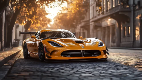 Orange sports car on cobbled street in soft sunrise light.