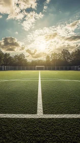 Sunlit synthetic soccer pitch with central perspective lines