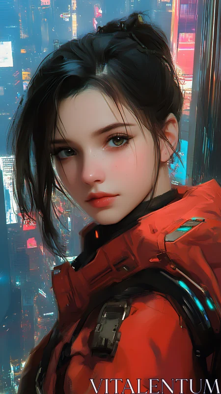 Neon skyline pilot in red exosuit overlooking megacity.