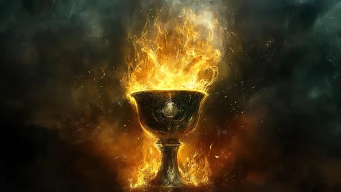 Incandescent golden chalice engulfed in dynamic ritual flames