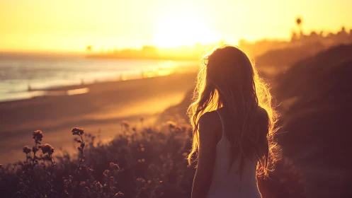 Sunlit woman gazes over tranquil beach at golden sunset