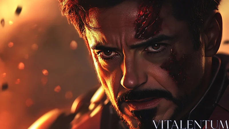 Battle hardened hero stares ahead with fierce resolve