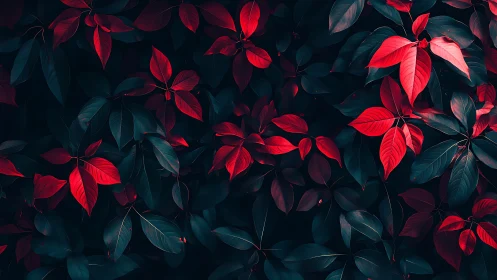 Velvet red leaves glowing softly against deep midnight green.