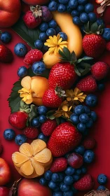 Mixed fresh berries and fruit arranged on vibrant red background