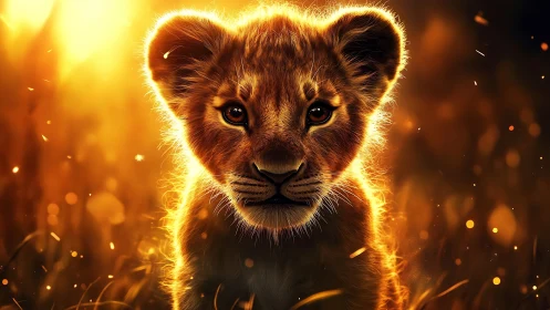 Sunlit lion cub portrait in glowing savanna haze.