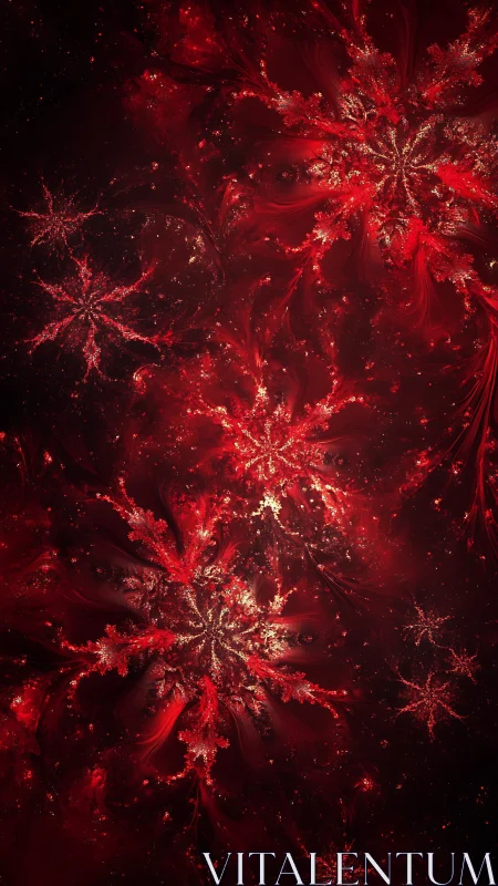 Red fractal snowflake bursts on dark cosmic background.