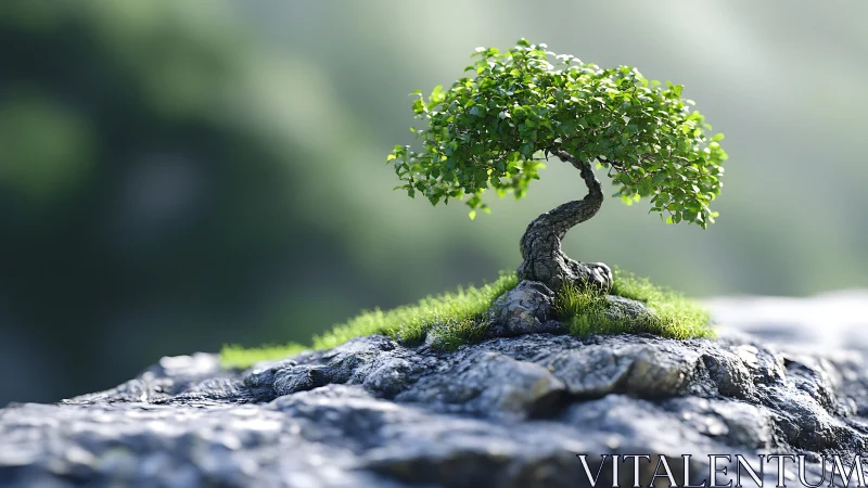 Tiny bonsai tree grows on sunlit rocky outcrop above valley
