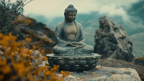 Quiet mountain Buddha statue welcomes calm among rocky peaks