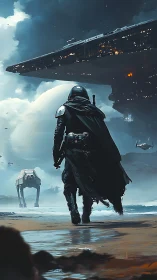 Armored figure on alien shore under massive starship.