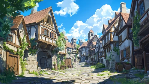 Medieval stone village street under bright summer sky.