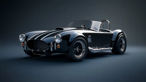 Classic black roadster gleams under studio lighting showcase.