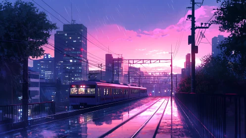 Soft city rain welcomes a glowing train at neon sunset
