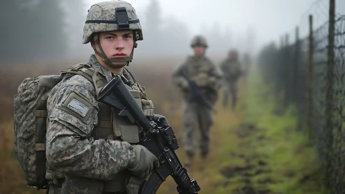 Soldier patrols foggy border fence with rifle ready