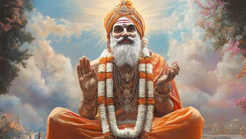 Digital rendering depicts seated elderly guru in orange robes