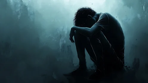 Solitary figure sitting in darkness with head lowered