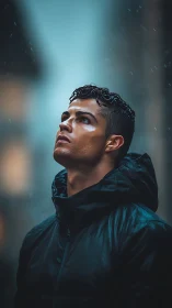 Cinematic medium-close portrait in rain with teal-orange bokeh