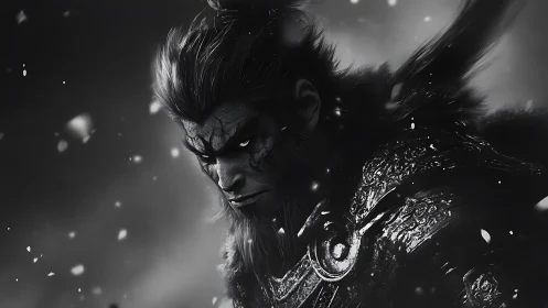 Brooding warrior monkey rendered in dramatic monochrome lighting